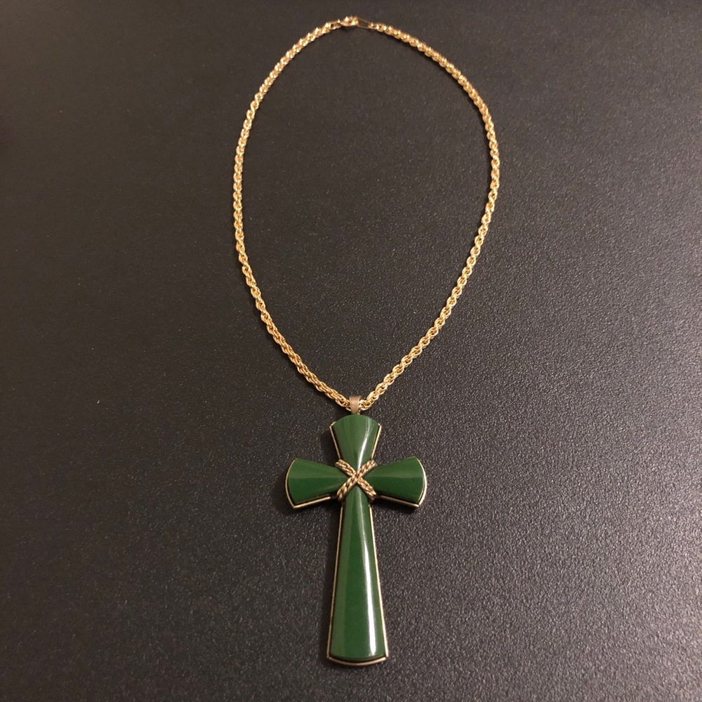 Gold Tone Chain Necklace with Green Cross Pendant